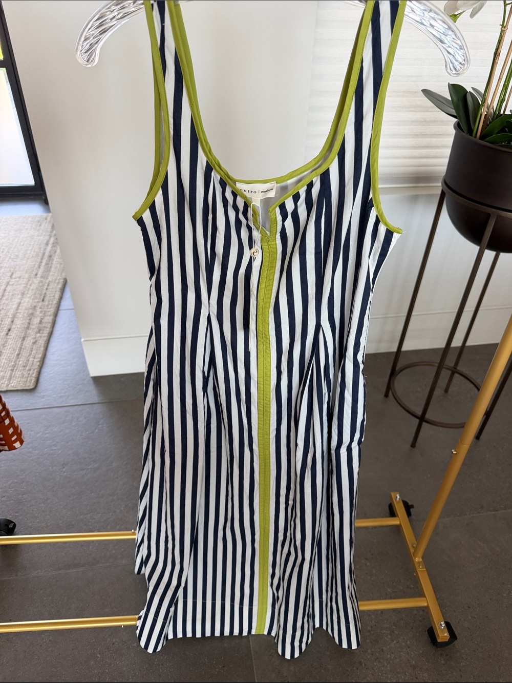 entro Navy & White Vertical Stripe Midi Dress with Lime Trim